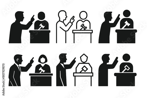 Courtroom Objection Icons. Lawyer Making Objections. Icon set. Set Logo of Courtroom Objection: courtroom debate gesture. harmonious logo variations of the
