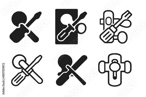 Door Hardware Icons. Replacing door hardware (knob or handle). Icon set. Set Logo of replacing door hardware (knob or handle): handle and key silhouette on