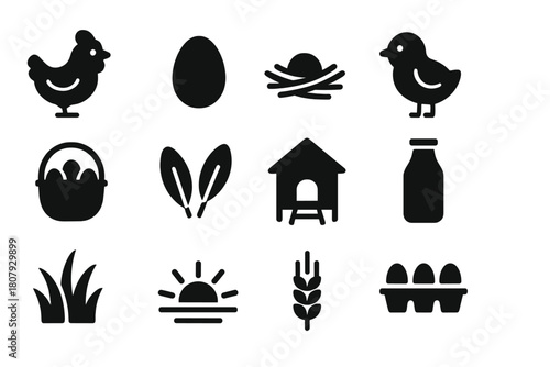 Poultry Farm Icons. Poultry Farm. Solid icon set of Poultry Farm: hen, egg, nest, chick, basket, feathers, coop, grass, sunrise, milk bottle, wheat stalk,