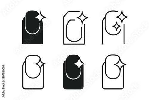 Transparent Nail Logos. Transparent nails. Icon set. Set Logo of transparent nails: manicure hand. harmonious logo variations of the same emblematic concept,