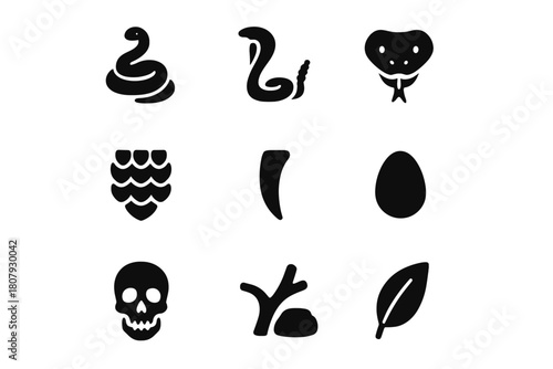 Black Snake Icons. Snakes. Solid icon set of snakes: coiled snake, cobra, rattlesnake, viper head, scales, fang, egg, tongue, tree branch, desert rock, skull,