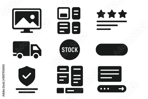 Product Page Icons. Product Page Optimization. Solid icon set of Product Page Optimization: hero image, gallery thumbnails, star snippet, price tag, shipping