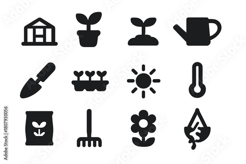 Horticulture Icon Set. Horticulture. Solid icon set of Horticulture: greenhouse, potted plant, seedling, watering can, garden trowel, plant tray,