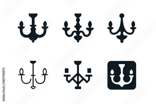 Chandelier Logo Variations. Lighting composition. Icon set. Set Logo of lighting composition: chandelier silhouette. harmonious logo variations of the same