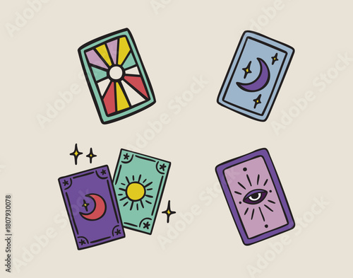 Tarot card set with eye, moon and sun motifs, mystical divination cards, boho mystical witchy hand drawn style
