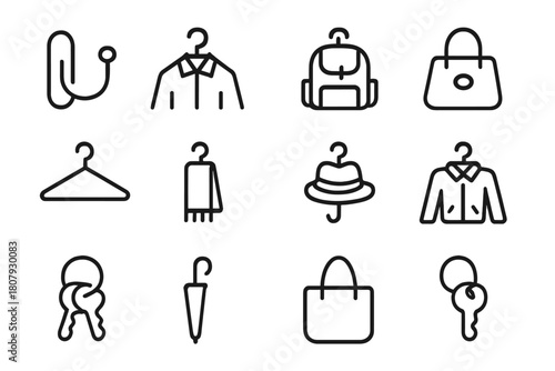 Coat Hook Icons. Coat and bag hooks. Line icon set of Coat and bag hooks: wall hook, coat, backpack, handbag, hanger, scarf, hat, jacket, keys, umbrella, tote
