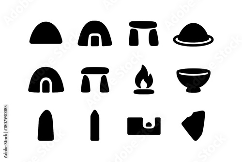 Burial Mound Icons. Burial Mound. Solid icon set of Burial Mound: kurgan, tumulus, entrance stones, ring ditch, passageway, capstone, ritual fire, offering