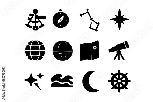 Celestial Navigation Icons. Celestial navigation. Line icon set of celestial navigation: sextant, telescope, compass, North Star, star map, constellation,