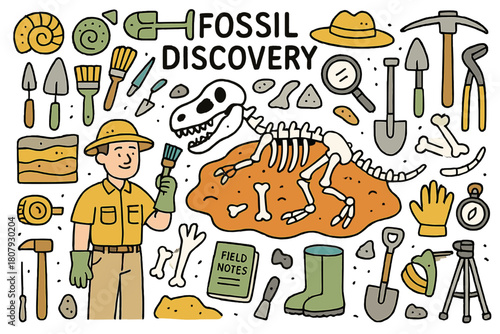 Paleontology Doodles. Fossil discovery. Hand-drawn doodle illustration paleontologist (colored), dinosaur skeleton (colored), fossils (colored), excavation