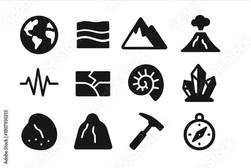 Geology Icon Set. Earth science and geology. Solid icon set of Earth science and geology: globe, rock layers, mountain, volcano, earthquake wave, tectonic
