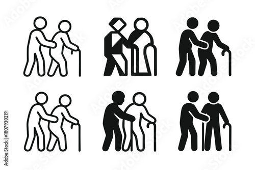 Elderly Care Logos. elderly care within the family unit. Icon set. Set Logo of elderly care within the family unit: hands holding heart with elder icon.