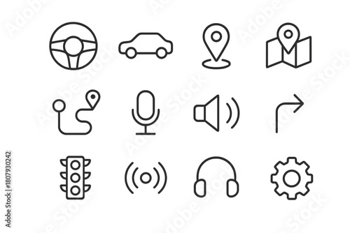 Driving Assistant Icons. Driving assistant. Line icon set of Driving assistant: steering wheel, car, GPS pin, map, route line, microphone, speaker, turn arrow,