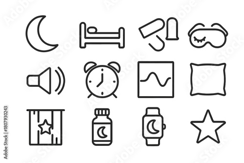 Sleep Icon Set. Sleep and Rest. Line icon set of Sleep and Rest: pillow, bed, sleeping face, moon, stars, eye mask, blanket, clock, night lamp, slippers, dream