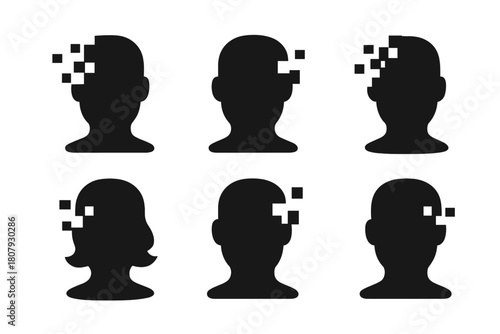 Digital Avatar Icons. Digital avatars and evolving identity. Icon set. Set Logo of Avatar Head: Stylized digital face. Minimal outline, Filled silhouette,