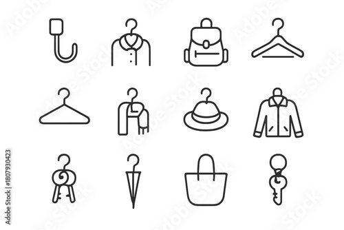 Organizational Hooks Icons. Hooks for organization. Line icon set of Hooks for organization: wall hook, coat, backpack, handbag, hanger, scarf, hat, jacket,