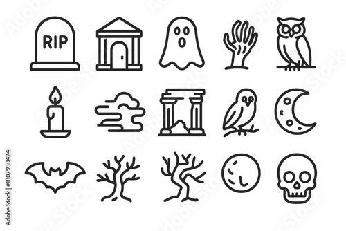 Cemetery Icon Set. Cemetery. Solid icon set of Cemetery: tombstones row, iron gate, lantern, grave path, old tree, mausoleum, statue angel, cross, crow, fog
