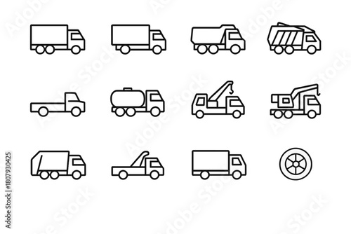 Monochrome Truck Icons. Truck. Line icon set of truck: cargo truck, delivery truck, semi-trailer, pickup truck, flatbed truck, fuel tanker, dump truck, crane