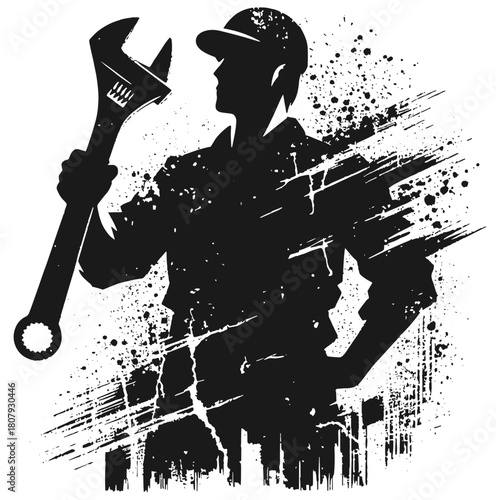  A bold silhouette of a construction worker gripping a large wrench, set against dynamic grunge splashes and texture. Evokes industrial labor, strength, and urban craftsmanship