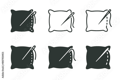 Sewing Logo Variations. Sewing pillowcase. Set Logo of Sewing pillowcase: needle stitching along edge. harmonious logo variations of the same emblematic