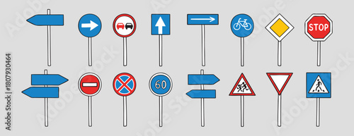 Road signs with up, down, left, right doodle hand drawn icon set. Outline drawing road signs line clipart symbol collection