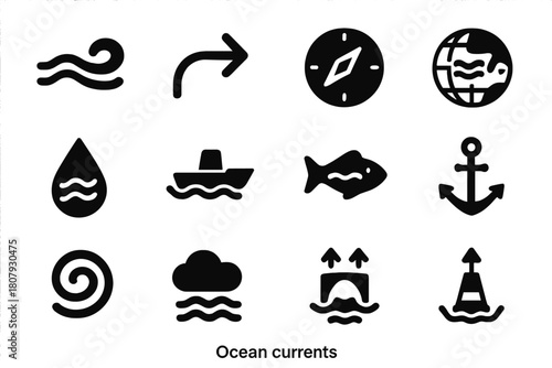 Ocean Currents Icons. Ocean currents. Solid icon set of ocean currents: wave, arrow, compass, globe, droplet, boat, fish, anchor, swirl, cloud, tide chart,