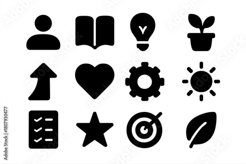 Self Improvement Icons. Self improvement. Solid icon set of self improvement: person, book, lightbulb, plant, arrow up, heart, gear, sun, checklist, star,