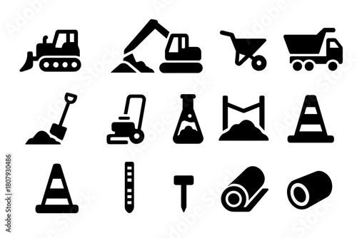 Construction Equipment Icons. Construction Earth Mounds. Solid icon set of Construction Earth Mounds: bulldozer, excavator, dump truck, wheelbarrow, shovel,