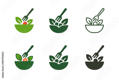 Salad Bowl Icons. Salad bowl. Icon set. Set Logo of salad bowl: bowl with leaves representing freshness and balance. harmonious logo variations of the same