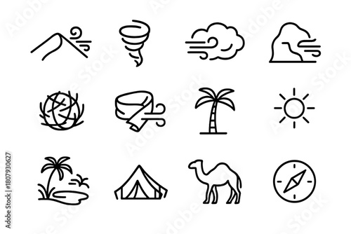 Desert Wind Icons. Desert winds. Line icon set of desert winds: sand dune, dust devil, sandstorm cloud, wind-carved rock, tumbleweed, scarf, palm tree, sun,