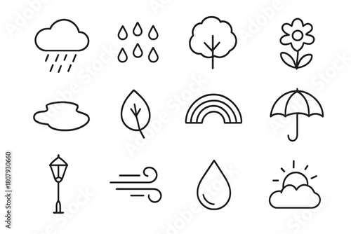 Rainy Landscape Icons. Rainy landscape. Line icon set of Rainy landscape: cloud, raindrops, puddle, tree, flower, leaf, rainbow, umbrella, lamp post, wind,