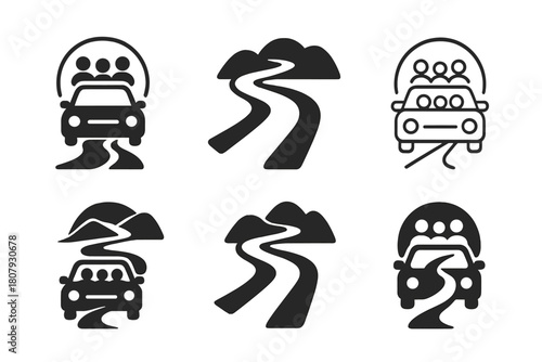 Family Travel Logos. Family car trip. Icon set. Set Logo of family car trip: winding highway. harmonious logo variations of the same emblematic concept, each
