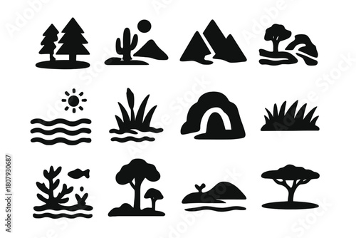 Environmental Icons Grid. Environmental responsibility. Solid icon set of Environmental responsibility: tree, recycling symbol, solar panel, wind turbine,