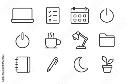 Workday Closure Icons. Workday closure. Line icon set of workday closure: laptop, checklist, calendar, clock, power button, coffee cup, desk lamp, notebook,