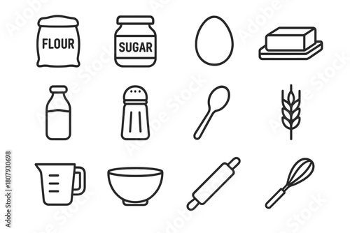 Baking Ingredients Icons. Baking ingredients. Line icon set of baking ingredients: flour bag, sugar jar, egg, butter, milk bottle, salt shaker, spoon, wheat