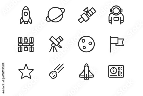 Space Icons Collection. Space Exploration. Line icon set of Space Exploration: rocket, planet, satellite, astronaut, space station, telescope, moon, flag,