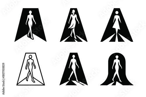 Model Motion Logos. model in motion. Icon set. Set Logo of model in motion: runway spotlight and figure. harmonious logo variations of the same emblematic