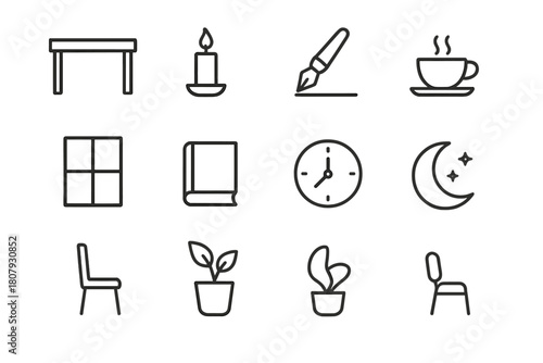 Writing Solitude Icons. Writing solitude. Line icon set of writing solitude: desk, candle, pen, paper, coffee cup, window, book, clock, night sky, moon, chair,