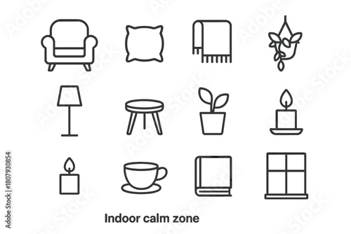 Indoor Calm Icons. Indoor calm zone. Line icon set of indoor calm zone: armchair, cushion, blanket, rug, floor lamp, small table, potted plant, hanging plant,