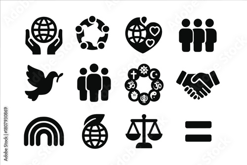 Cultural Diversity Icons. Cultural Diversity. Solid icon set of Cultural Diversity: world hands, unity circle, globe hearts, people silhouettes, peace dove,