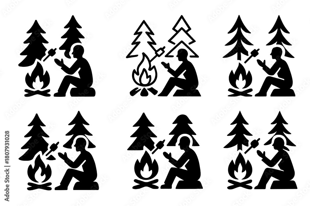 Obraz premium Campfire Logo Variations. A person sitting by a campfire in the woods, roasting marshmallows and telling stories. Icon set. Set Logo of A person sitting by a