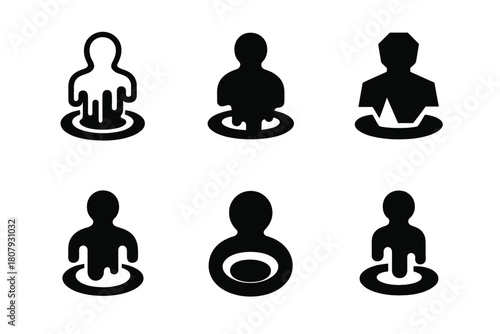 Figures into Void Icons. Figures vanishing into a void. Icon set. Set Logo of figures vanishing into a void: stylized forms fading toward a dark circle.