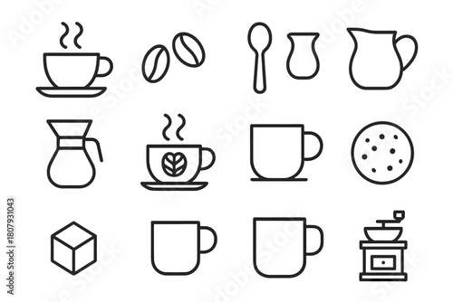 Coffee Icon Set. Coffee shop design. Line icon set of coffee shop design: coffee cup, mug, coffee bean, steam, aroma swirl, leaf, grinder, sack, label tag,