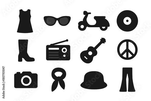 1960s Mod Icon Set. 1960s mod style. Solid icon set of 1960s mod style: mini dress, sunglasses, scooter, record, boots, radio, guitar, peace sign, camera,