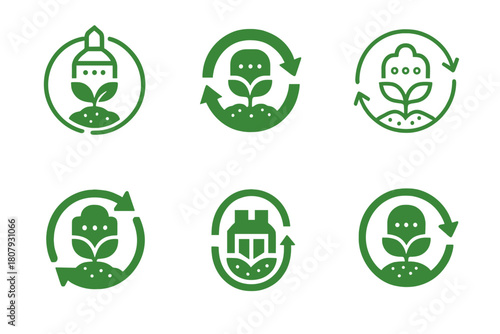 Climate-Agriculture Logo Set. Agriculture and climate change. Icon set. Set Logo of agriculture and climate change: biochar kiln and soil carbon