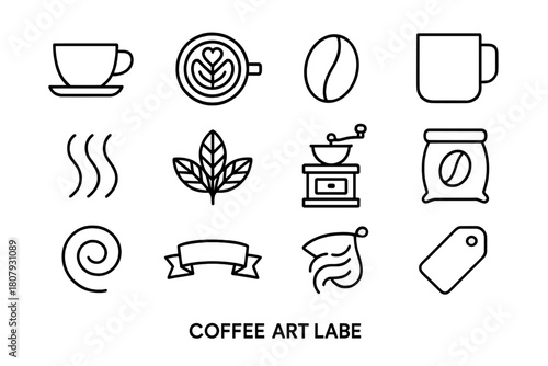 Coffee Line Art Icons. Coffee packaging graphics. Line icon set of coffee packaging graphics: label tag, ribbon, coffee cup, mug, bean, aroma swirl, leaf,