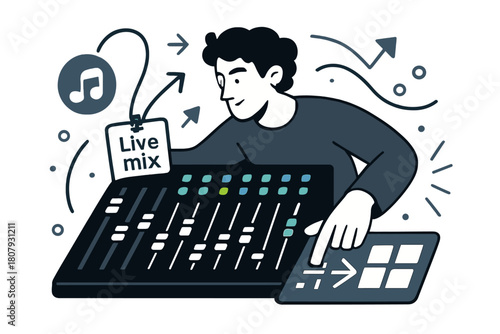 Dynamic Sound Production. Soundboard & production. Faders glide as colored LEDs hop to the beat; ?Live mix? tag hangs on a cable. A hand taps a pad that bursts