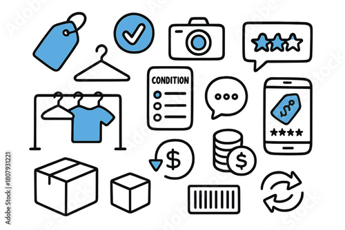 Secondhand Market Icons. // Resale & secondhand marketplaces. Hand-drawn doodle illustration resale & secondhand marketplaces [price tag (accented), verified