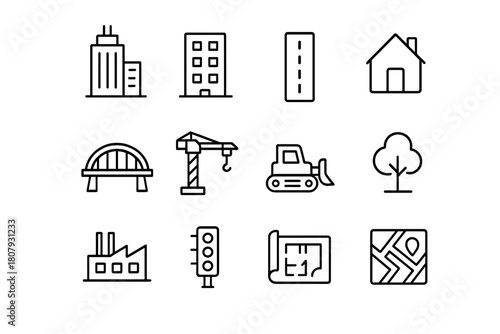 Urban Icon Collection. Urban development. Line icon set of Urban development: skyscraper, construction crane, blueprint, road, house, bridge, tree, traffic