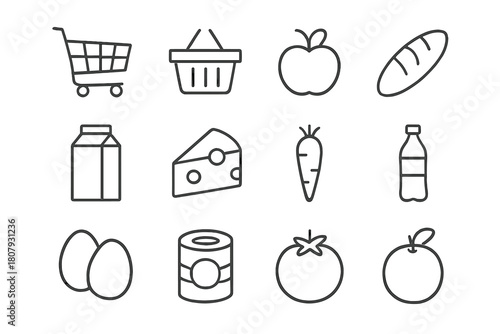 Supermarket Icon Set. Supermarket items. Line icon set of Supermarket items: shopping cart, basket, apple, bread loaf, milk carton, cheese, carrot, soda