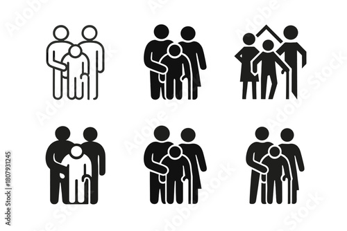 Elderly Care Logos. elderly care within the family unit. Icon set. Set Logo of elderly care within the family unit: hands holding heart with elder icon.